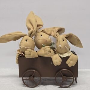 Bunnies Family In Rolling Cart Wagon Easter Bunny Rabbit Holiday Decor